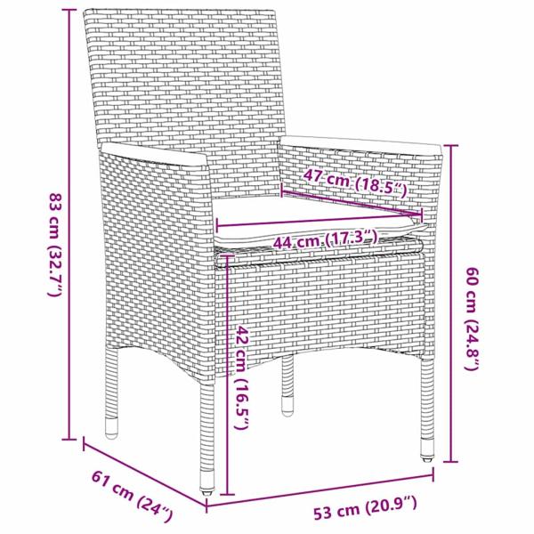 3-teiliges Garten Esstisch Set mit Kissen Schwarz Poly Rattan, Gartentisch Schwarz 80x80x73 cm Mit Sicherheitsglas