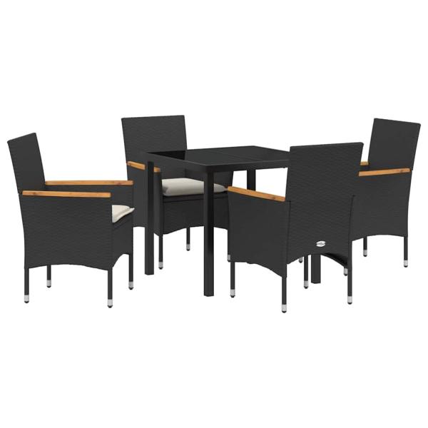 5-teilige Garten Essgruppe mit Kissen in schwarzem Poly-Rattan, Gartentisch in Schwarz 80x80x73 cm mit Sicherheitsglas