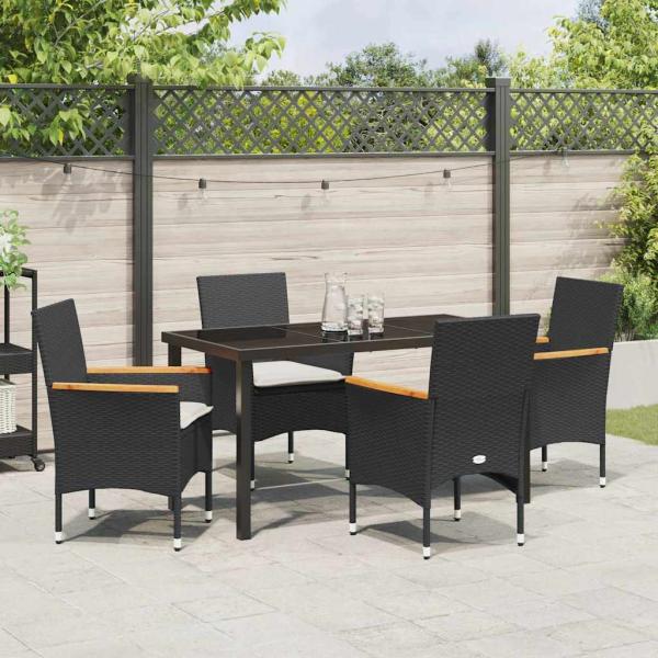 5-teilige Garten Essgruppe mit Kissen in schwarzem Poly-Rattan, Gartentisch in Schwarz 80x80x73 cm mit Sicherheitsglas