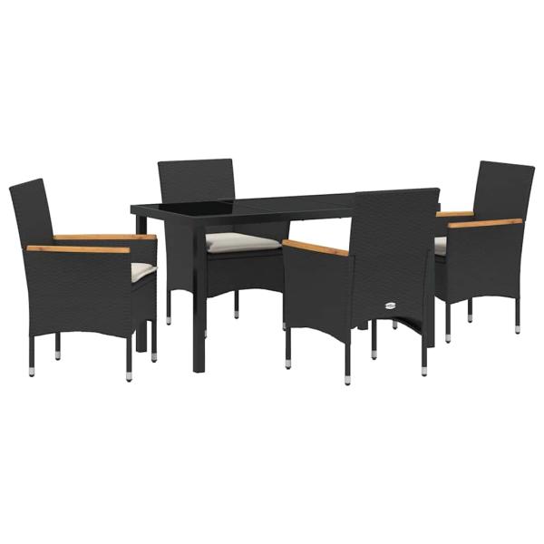 5-teilige Garten-Essgruppe mit Kissen Schwarz Rattan, Gartentisch Schwarz 140x80x73 cm Sicherheitsglas