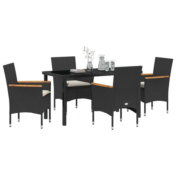 5-teilige Garten-Essgruppe mit Kissen Schwarz Rattan, Gartentisch Schwarz 140x80x73 cm Sicherheitsglas