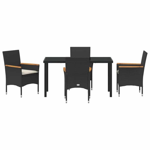 5-teilige Garten-Essgruppe mit Kissen Schwarz Rattan, Gartentisch Schwarz 140x80x73 cm Sicherheitsglas