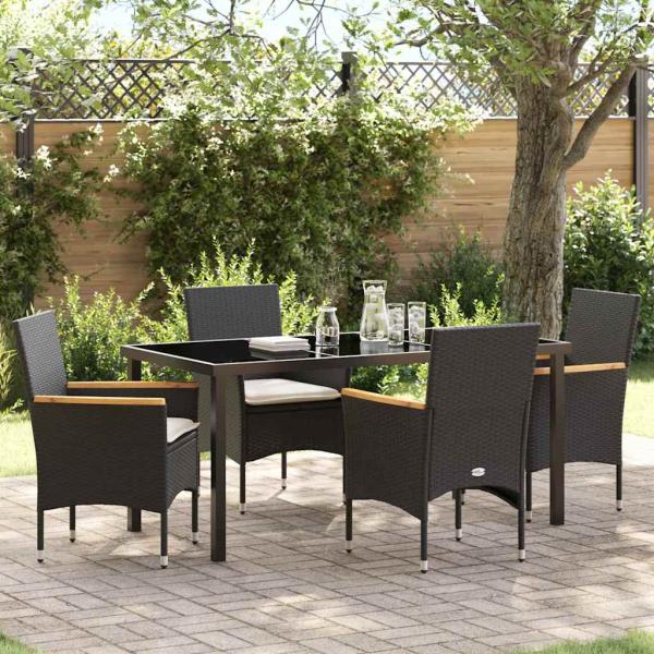 ARDEBO.de - 5-teilige Garten-Essgruppe mit Kissen Schwarz Poly-Rattan, Gartentisch Schwarz 160x80x73 cm Sicherheitsglas