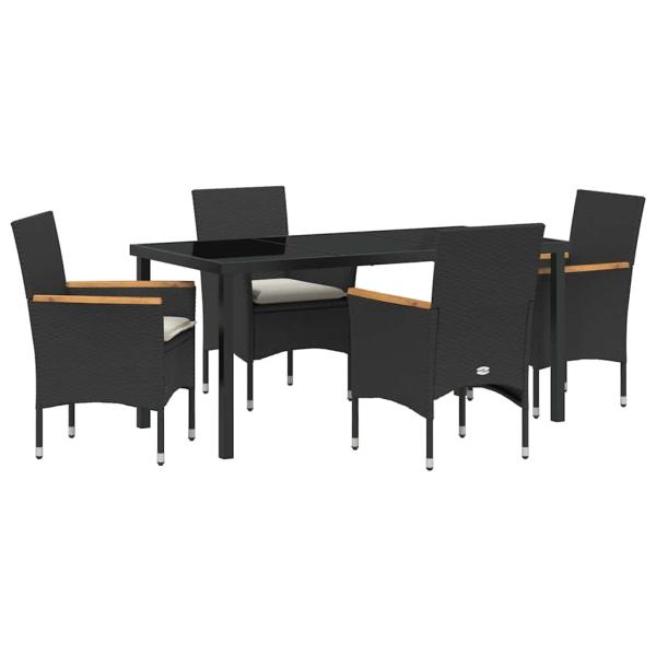 5-teilige Garten-Essgruppe mit Kissen Schwarz Poly-Rattan, Gartentisch Schwarz 160x80x73 cm Sicherheitsglas