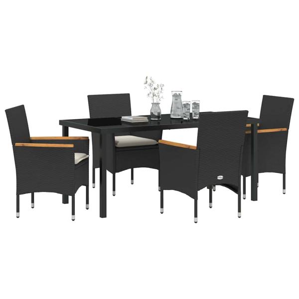 5-teilige Garten-Essgruppe mit Kissen Schwarz Poly-Rattan, Gartentisch Schwarz 160x80x73 cm Sicherheitsglas