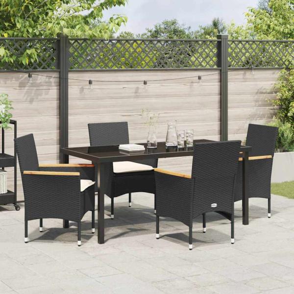 5-teilige Garten-Essgruppe mit Kissen Schwarz Poly-Rattan, Gartentisch Schwarz 160x80x73 cm Sicherheitsglas