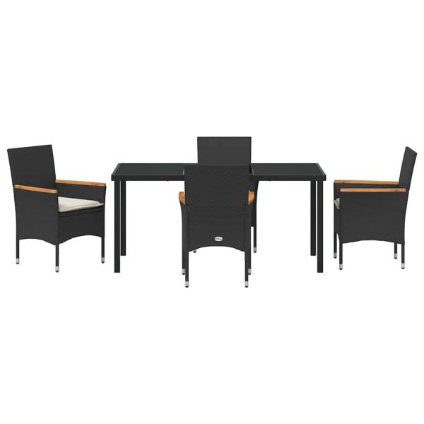 5-teilige Garten-Essgruppe mit Kissen Schwarz Poly-Rattan, Gartentisch Schwarz 160x80x73 cm Sicherheitsglas