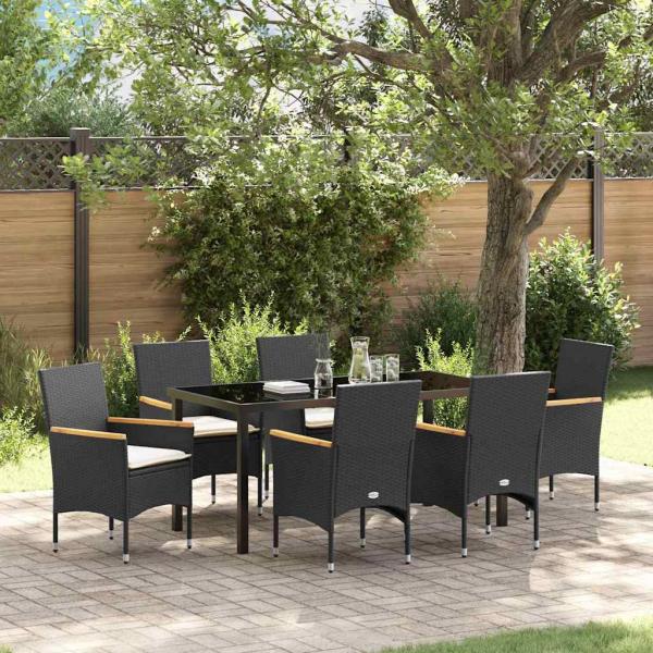 ARDEBO.de - 7-teiliges Garten Essset mit Kissen Schwarz Poly Rattan, Gartentisch Schwarz 160x80x73 cm Sicherheitsglas