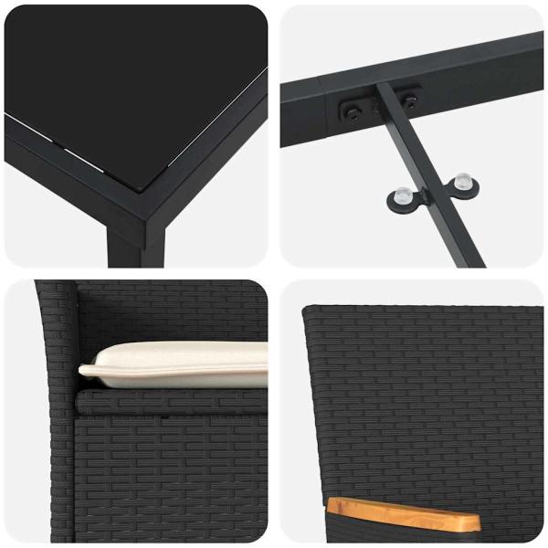 7-teiliges Garten Essset mit Kissen Schwarz Poly Rattan, Gartentisch Schwarz 160x80x73 cm Sicherheitsglas