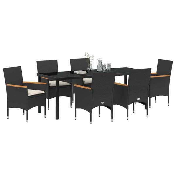 7-teilige Garten-Essgruppe mit Kissen Schwarz Poly-Rattan, Gartentisch Schwarz 200x80x73 cm mit Sicherheitsglas