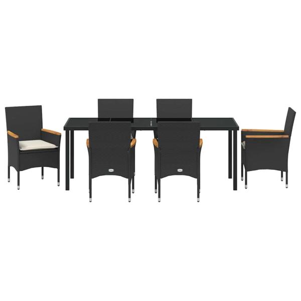7-teilige Garten-Essgruppe mit Kissen Schwarz Poly-Rattan, Gartentisch Schwarz 200x80x73 cm mit Sicherheitsglas
