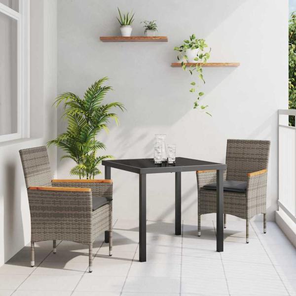 ARDEBO.de - 3-teiliges Garten Essgruppen-Set mit Kissen Grau Poly Rattan, Gartentisch Schwarz 80x80x73 cm Tempered Glass