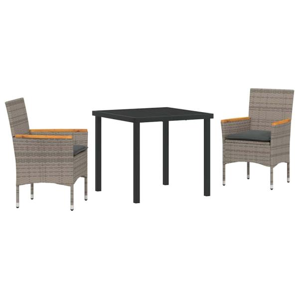 3-teiliges Garten Essgruppen-Set mit Kissen Grau Poly Rattan, Gartentisch Schwarz 80x80x73 cm Tempered Glass