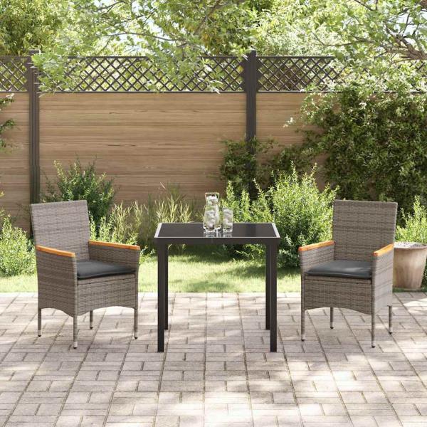 3-teiliges Garten Essgruppen-Set mit Kissen Grau Poly Rattan, Gartentisch Schwarz 80x80x73 cm Tempered Glass