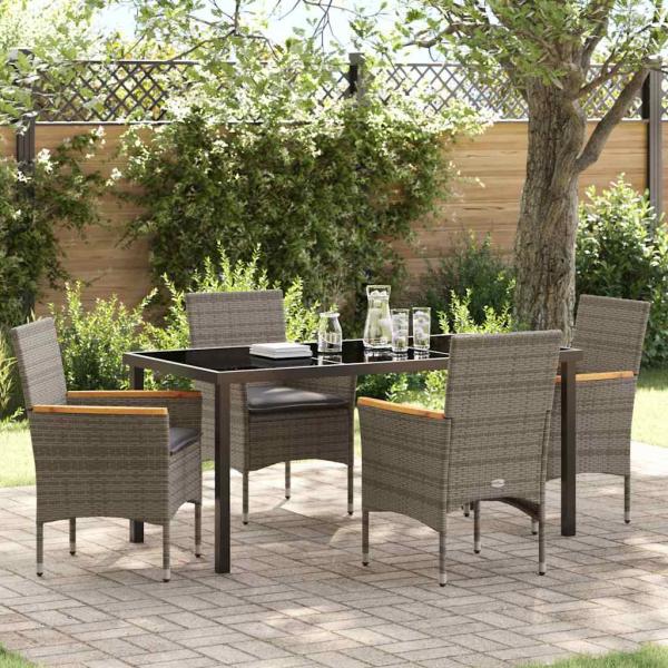 ARDEBO.de - 5 Teile Garten Essgruppe mit Kissen Grau Poly-Rattan, Gartentisch Schwarz 160x80x73 cm Sicherheitsglas