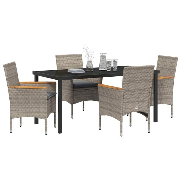 5 Teile Garten Essgruppe mit Kissen Grau Poly-Rattan, Gartentisch Schwarz 160x80x73 cm Sicherheitsglas