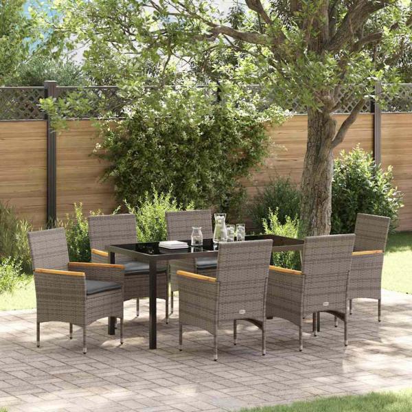 ARDEBO.de - 7-teiliges Garten Ess Set mit Kissen Grau Poly-Rattan, Gartentisch Schwarz 160x80x73 cm ESG-Glas