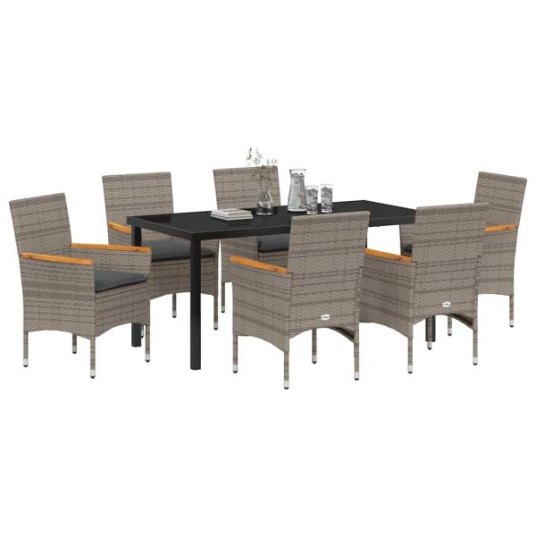 7-teiliges Garten Ess Set mit Kissen Grau Poly-Rattan, Gartentisch Schwarz 160x80x73 cm ESG-Glas