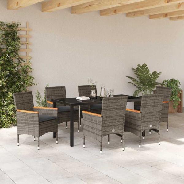 7-teiliges Garten Ess Set mit Kissen Grau Poly-Rattan, Gartentisch Schwarz 160x80x73 cm ESG-Glas