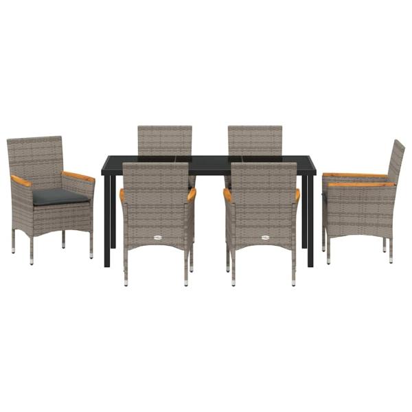 7-teiliges Garten Ess Set mit Kissen Grau Poly-Rattan, Gartentisch Schwarz 160x80x73 cm ESG-Glas