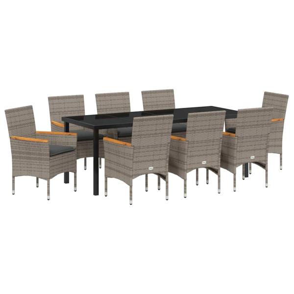 ARDEBO.de - 9-teilige Garten Essgruppe mit Kissen Grau Poly Rattan, Gartentisch Schwarz 200x80x73 cm Sicherheitsglas