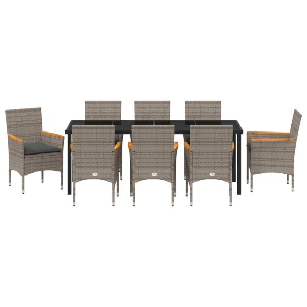 9-teilige Garten Essgruppe mit Kissen Grau Poly Rattan, Gartentisch Schwarz 200x80x73 cm Sicherheitsglas