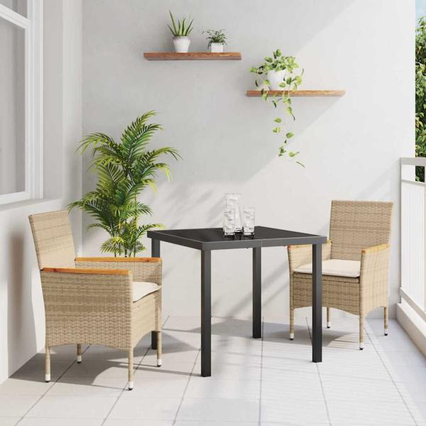 ARDEBO.de - 3-teilige Garten-Essgruppe mit Kissen Beige Poly Rattan, Gartentisch Schwarz 80x80x73 cm gehärtetes Glas