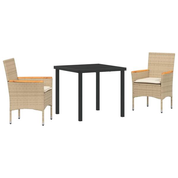 3-teilige Garten-Essgruppe mit Kissen Beige Poly Rattan, Gartentisch Schwarz 80x80x73 cm gehärtetes Glas