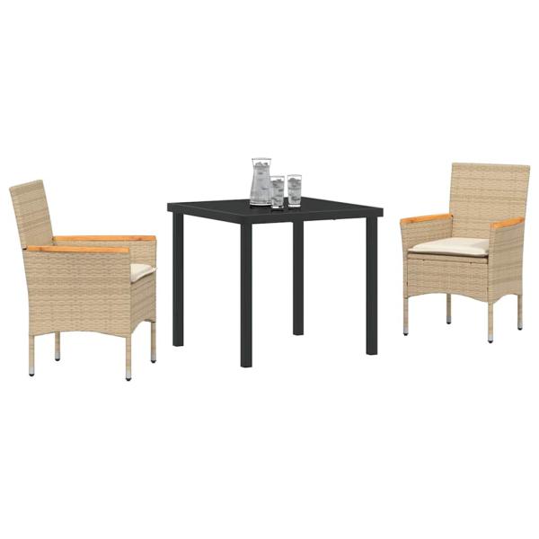 3-teilige Garten-Essgruppe mit Kissen Beige Poly Rattan, Gartentisch Schwarz 80x80x73 cm gehärtetes Glas