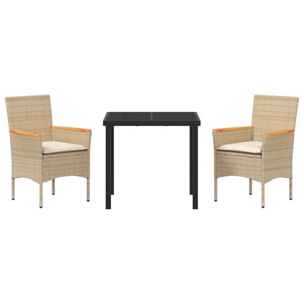 3-teilige Garten-Essgruppe mit Kissen Beige Poly Rattan, Gartentisch Schwarz 80x80x73 cm gehärtetes Glas