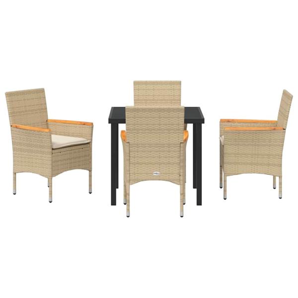 5-teiliges Garten Essgruppe mit Kissen Beige Poly Rattan, Gartentisch Schwarz 80x80x73 cm mit Sicherheitsglas
