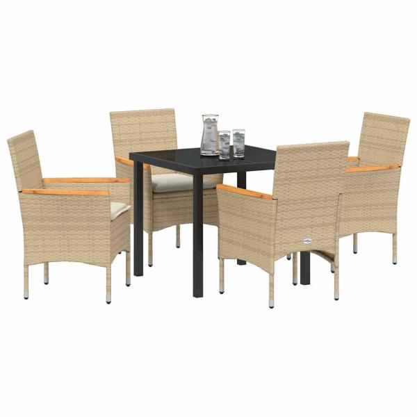 5-teiliges Garten Essgruppe mit Kissen Beige Poly Rattan, Gartentisch Schwarz 80x80x73 cm mit Sicherheitsglas