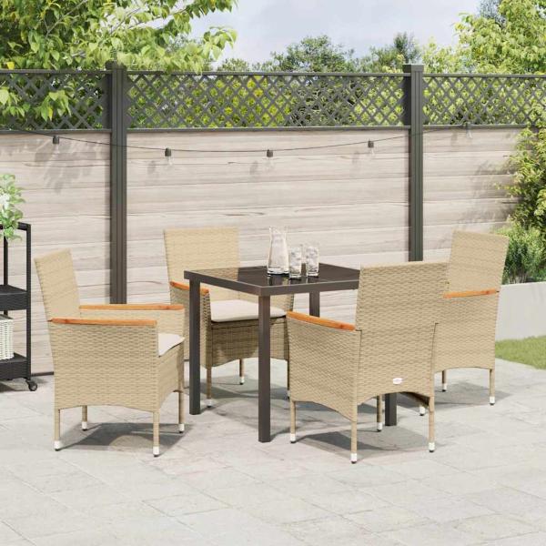 5-teiliges Garten Essgruppe mit Kissen Beige Poly Rattan, Gartentisch Schwarz 80x80x73 cm mit Sicherheitsglas