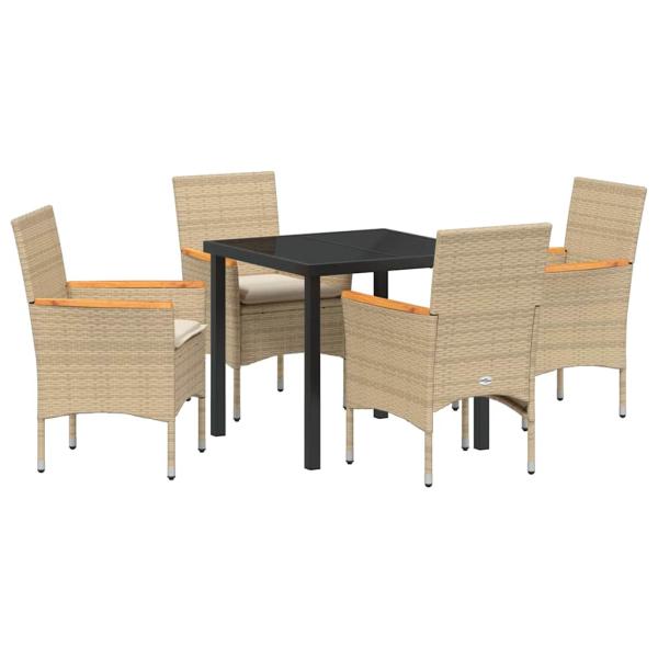 5-teiliges Garten Essgruppe mit Kissen Beige Poly Rattan, Gartentisch Schwarz 80x80x73 cm mit Sicherheitsglas