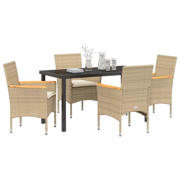 5-teilige Garten-Essgruppe mit Kissen Beige Poly-Rattan, Gartentisch Schwarz 140x80x73 cm gehärtetes Glas