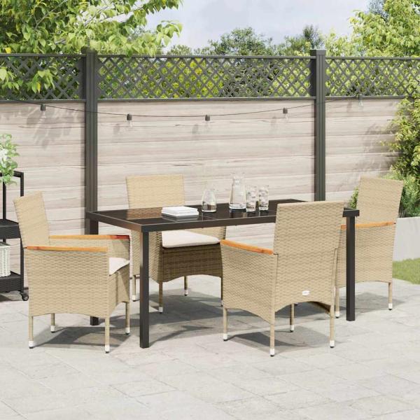 5-teilige Garten-Essgruppe mit Kissen Beige Poly-Rattan, Gartentisch Schwarz 140x80x73 cm gehärtetes Glas