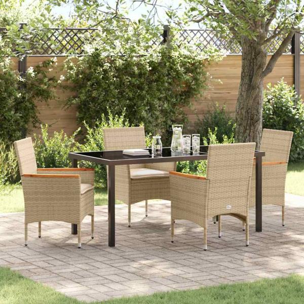 ARDEBO.de - 5-teiliges Garten Essset mit Kissen Beige Poly-Rattan, Gartentisch Schwarz 160x80x73 cm Temperglas