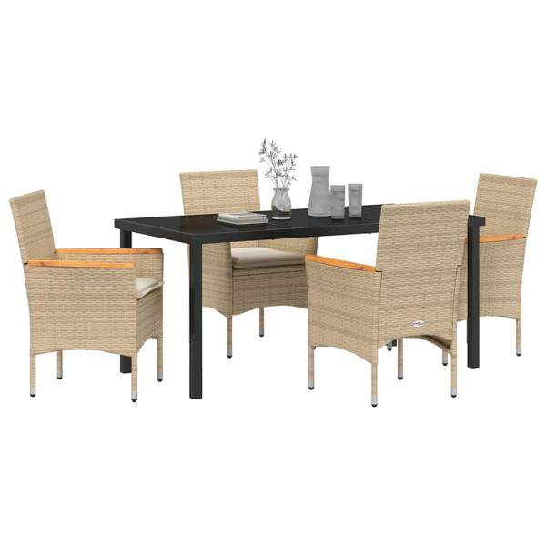 5-teiliges Garten Essset mit Kissen Beige Poly-Rattan, Gartentisch Schwarz 160x80x73 cm Temperglas