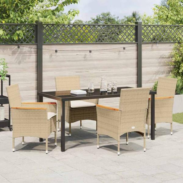 5-teiliges Garten Essset mit Kissen Beige Poly-Rattan, Gartentisch Schwarz 160x80x73 cm Temperglas