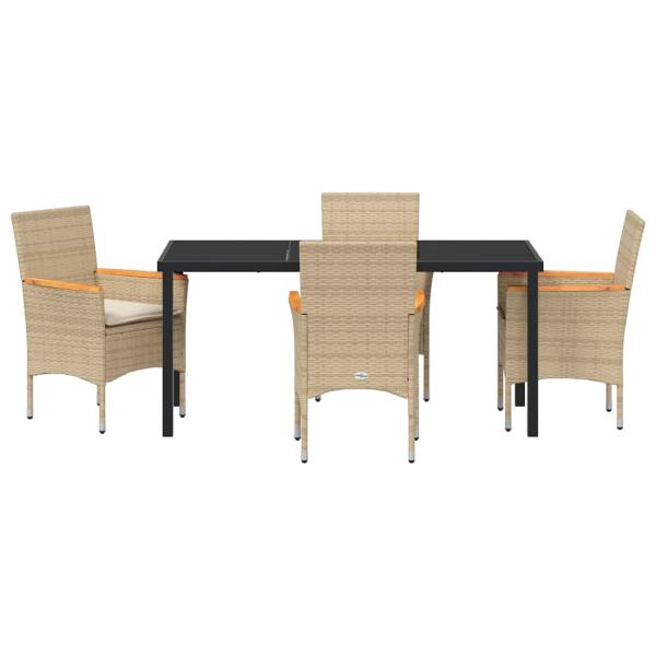 5-teiliges Garten Essset mit Kissen Beige Poly-Rattan, Gartentisch Schwarz 160x80x73 cm Temperglas