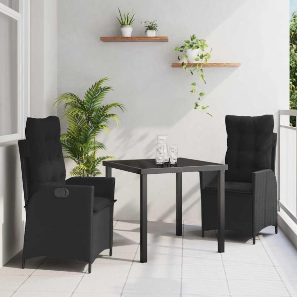 ARDEBO.de - 3-teiliges Garten-Dining-Set mit Kissen Schwarz Poly Rattan
