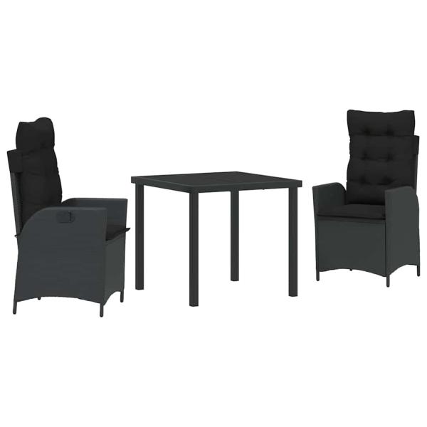 3-teiliges Garten-Dining-Set mit Kissen Schwarz Poly Rattan