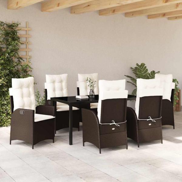 7-teiliges Garten-Ess-Set mit Kissen Brauner Poly-Rattan