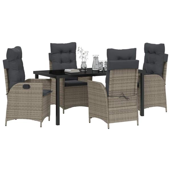 5-teiliges Garten-Dining-Set mit Kissen grau Poly Rattan
