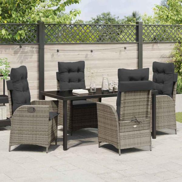 5-teiliges Garten-Dining-Set mit Kissen grau Poly Rattan