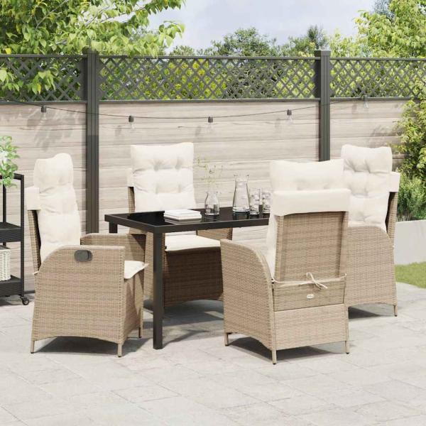 5-teiliges Garten-Ess-Set mit Kissen Beige Poly-Rattan