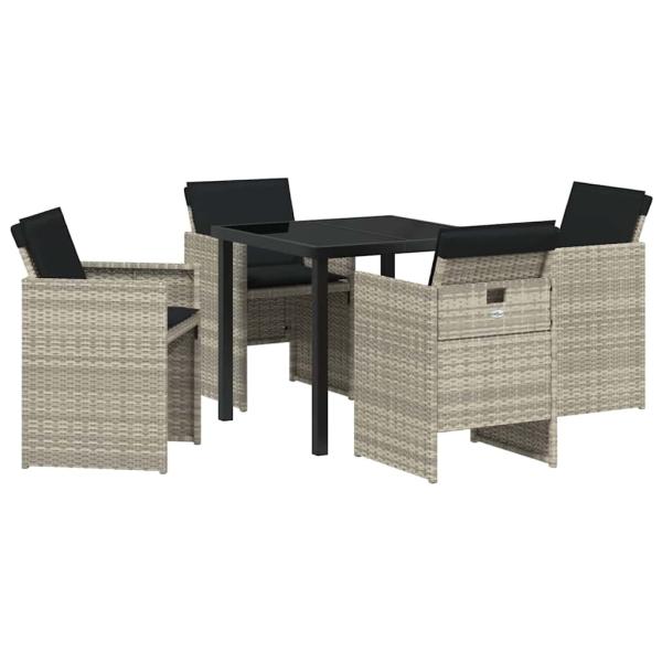 5-teiliges Garten Essset mit Kissen Hellgrau Poly Rattan, Gartentisch Schwarz 80x80x73 cm Echtglas
