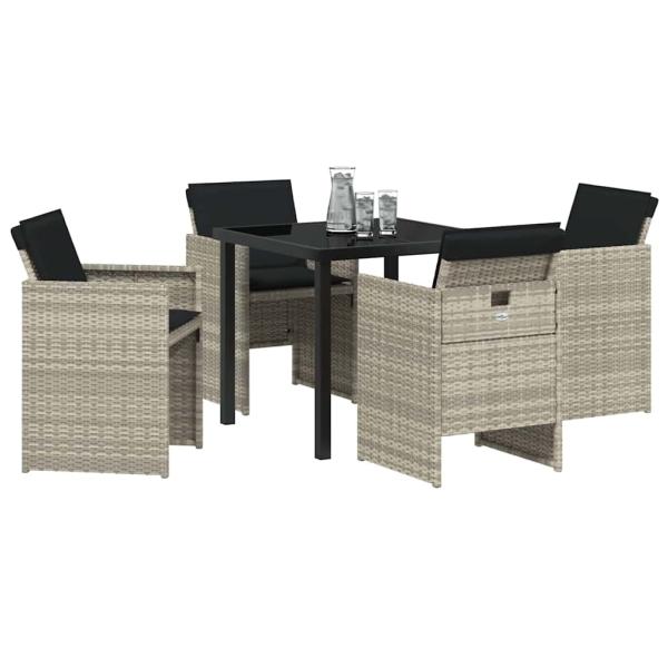 5-teiliges Garten Essset mit Kissen Hellgrau Poly Rattan, Gartentisch Schwarz 80x80x73 cm Echtglas