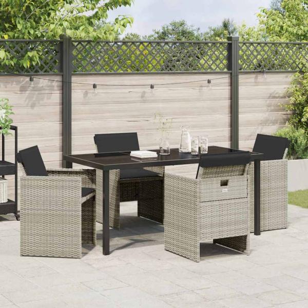 5-teiliges Garten Essgruppe mit Kissen Hellgrau Poly Rattan, Gartentisch Schwarz 160x80x73 cm Temperiertes Glas