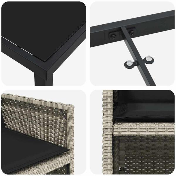 ARDEBO.de - 9-teilige Garten Essgruppe mit Kissen in Hellgrau, Poly Rattan, Gartentisch Schwarz 200x80x73 cm, Sicherheitsglas